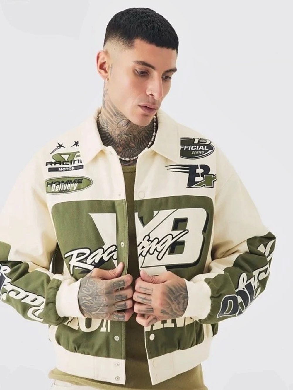 MAN Men's Color Block Bomber Jacket in Cream & Green Like New
